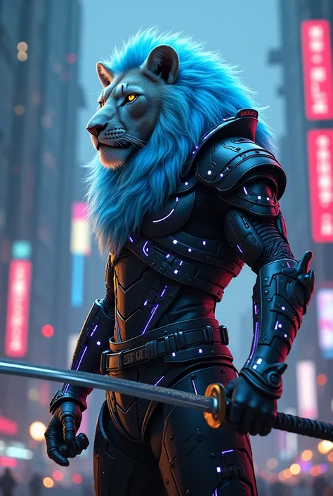 A cyberpank lion warrior wearing technological armor with neon lights in a cinematic setting with a katanata in his hand 