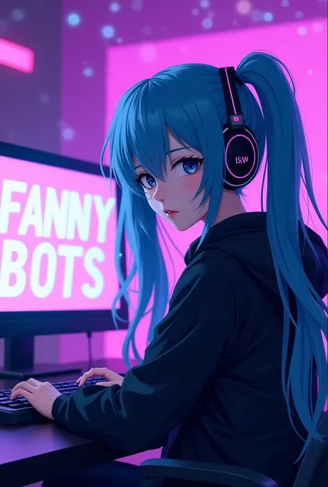 A blue-haired anime woman in two pigtails wearing earphones wearing a black jacket sits in front of a computer with the name of fany bots with a purple background