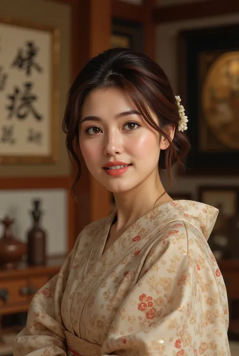 best quality, masterpiece, super high resolution, beautiful Japanese mature woman, Kind Face, green eyes, kind smile, Curvy Body, big boobs, updo brown hair, Japanese female Cloth Outfit, Japanese wife clothes, In Old Japanese-style Room, night:1.2,