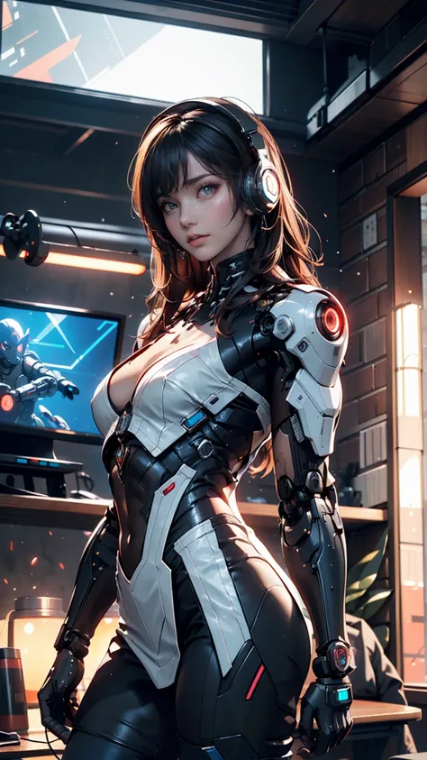  A woman with headphones is standing next to a robot, Cyberpunk Art by Jason A . Engle, CGSociety,  retrofuturism ,  Ilya Kuvshinov ,  sci-fi ,  future,  lively, photo is present,  is present, dramatic,  cinematic lights,  sharp concentration, 8k