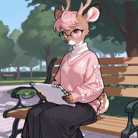 Deer furry, deer, woman, feminine,  cute clothes, sweater, long skirt, glasses, bow, deer features, deer tail, park, bench, pink eyes, sketch pad, solo.