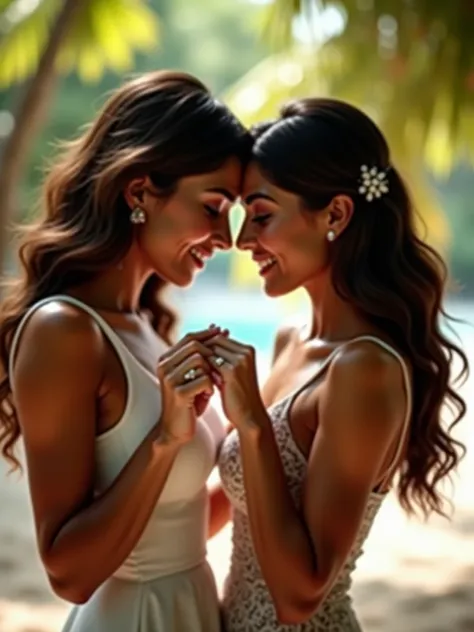 Pretty latin famous adul sexy lesbian couple rings tanned romantic elegant weddtselfie mirando a la cámara  

