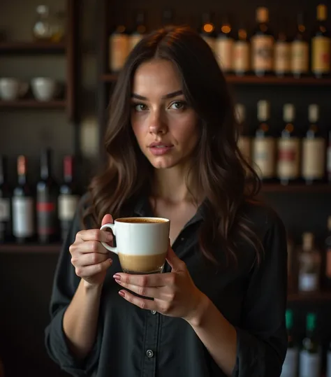 Arafed woman holding a cup of coffee in front of a shelf full of bottles,  holding a cup of oolong tea with boba milk , Felicia Day, anna nikonova aka newmilky, on a dark background ,  mysterious coffee shop girl ,  medium portrait , infp Young woman  , by...