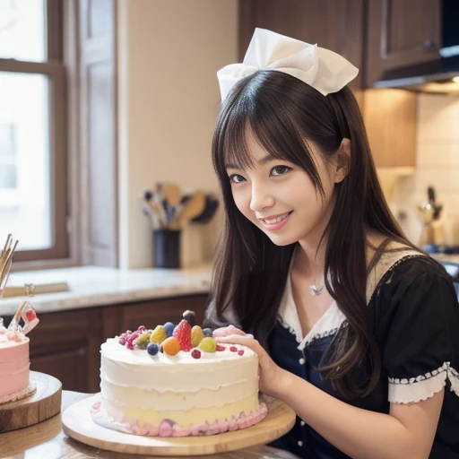 A female cake maker making a huge decorated cake, a side shot of the kitchen, a head-to-knee perspective, a cake with colorful toppings, bright buttercream and fruit decorations, and a warm atmosphere in the kitchen. , brightly lit scene with candy utensil...