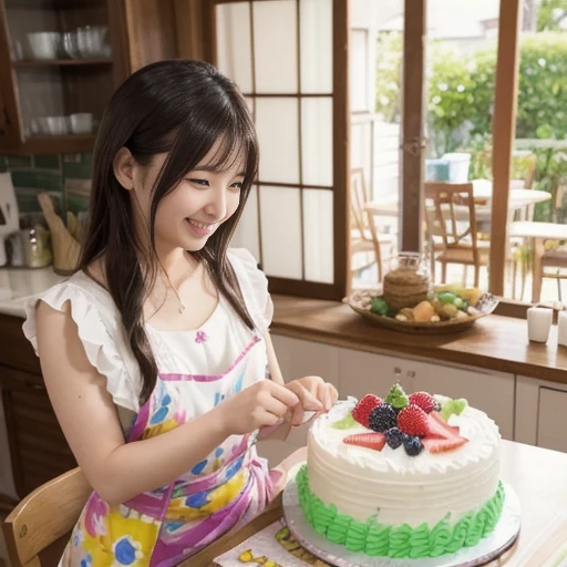 A female cake maker making a huge decorated cake, a side shot of the kitchen, a head-to-knee perspective, a cake with colorful toppings, bright buttercream and fruit decorations, and a warm atmosphere in the kitchen. , brightly lit scene with candy utensil...