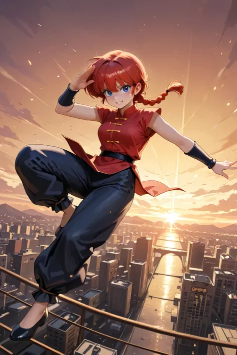 (alone:1.3), a girl\(ranma, the main character of the anime \(ranma1/2\), beautiful,sexy, Braided red hair, Ojos rojos, Chinese red clothing , smiling, ranma saotome , Braid, red hair, single Braid, Braided ponytail, Ojos rojos, pants , Chi...