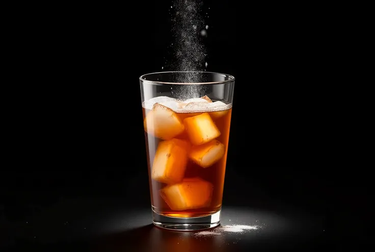 Put white powder in a clear glass filled with iced tea、 no people are shown 、 illustration 、 black background