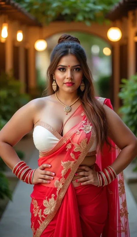 Indian beautiful woman sexy bhabhi, Hands on hips,showing dark armpits,strapless Sleeveless blouse,very deep cleavage,curvy plus size model wearing transparent embroidery glittering crimson red satin embroidery floral color saree ,strapless sleeveless whit...