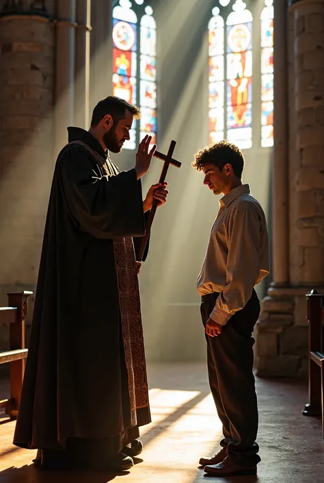 A solemn yet compassionate Christian church father, dressed in traditional 16th-century clerical robes, stands inside a grand Gothic cathedral. He holds a wooden cross in one hand while raising the other in blessing. In front of him, a 25-year-old man, dre...