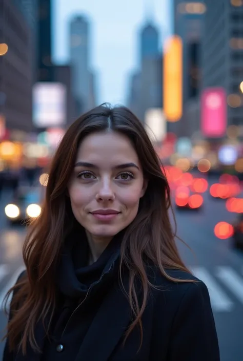 Beautiful woman, white skin tone, brown eyes , brownish  hair, dimples in A bustling city skyline at dusk with illuminated buildings, busy streets, and blurred motion of people walking, representing fast-paced growth, ambition, and forward movement in the ...