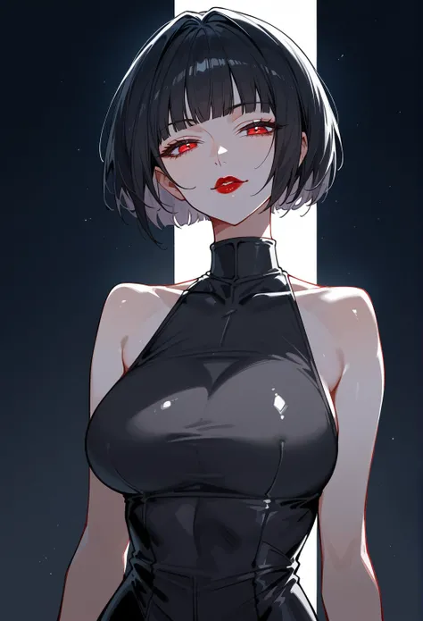 Artwork,,,,back view,adult female,single woman,alone,dark black hair,short blunt bangs,short hair,short haircut,red eyes,half-closed eyes,devilish smile,red lipstick,full lips,expressionless,pale skin,large breasts,dark pink tight sleeveless dress with exp...