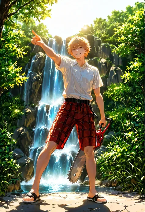 masterpiece, best quality, , anime screencap, anime coloring, official style, , 1boy, solo, male focus, denji_chainsaw_man, blonde hair, brown eyes, short hair, bangs, sharp teeth, panorama, full body, sunlight, outdoors, summer, pointing, half-closed eyes...