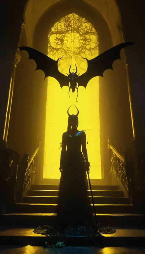 1 demon girl, collarbone, high black stockings , bare navel,without shoes,Throne in Hell, sitting, crossed legs,seen from below, close,On top,stairs, bat wings , demon tail,Ojos rojos ,broad breasts, wide hips,gemstone pendants ,ankle chain,neon horns, dra...