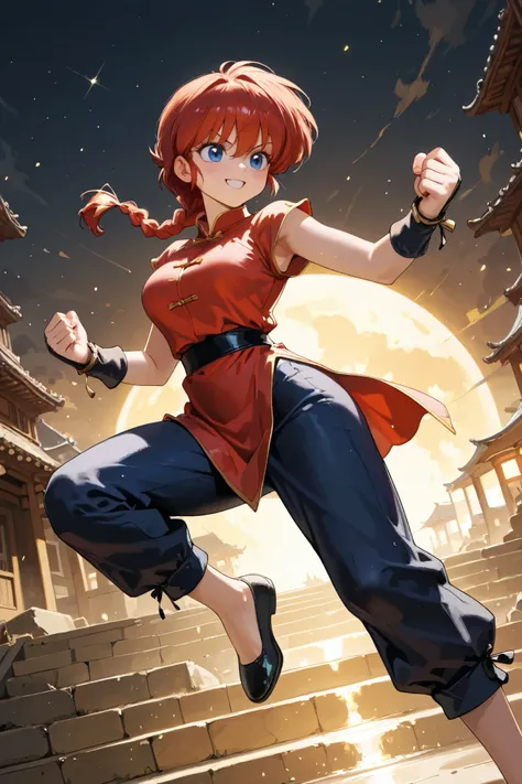 (alone:1.3), a girl\(ranma, the main character of the anime \(ranma1/2\), beautiful,sexy, Braided red hair, Ojos rojos, Chinese red clothing , smiling, ranma saotome , Braid, red hair, single Braid, Braided ponytail, Ojos rojos, pants , Chi...