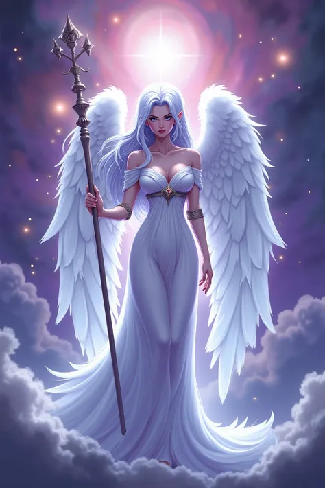 Big boobs  majestic and serene portrait of Vados, the female angel from Dragon Ball, standing gracefully in a mystical celestial setting. She holds her staff elegantly, surrounded by a soft, radiant glow of divine energy. The background features swirling g...