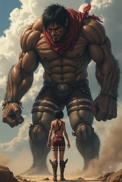  mikasa from Attack on Titan completely naked, only a scarf around his neck ,  she was picked up by a huge titan ,  titan has an eroded cock ,  titan intends to enter mikasa with a dick ,  Super realistic photo 