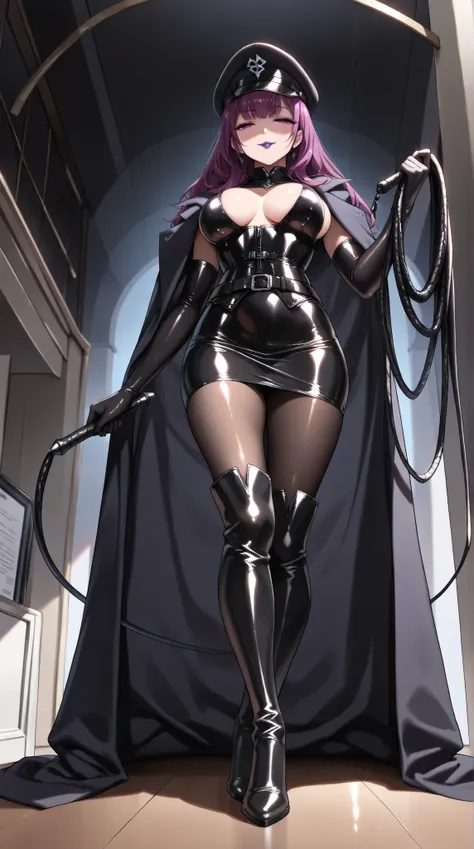  1 mature beautiful woman ,( Masterpiece:1.3, top quality:1.3, very detailed depiction:1.3, Incredibly Absurd High Resolution :1.3,Curvaceous Body,Beautiful legs,High quality skin),( female executive of an evil organization:1.3),( shiny black bondage corse...