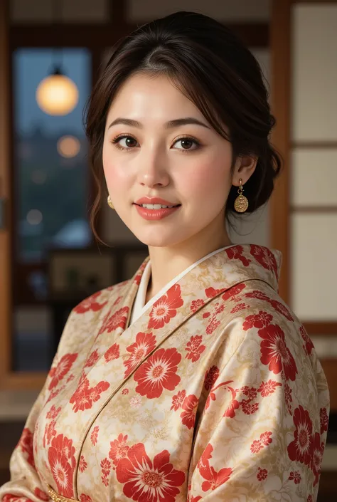 best quality, masterpiece, super high resolution, beautiful Japanese mature woman, Kind Face, green eyes, kind smile, Curvy Body, big boobs, updo brown hair, Japanese female Cloth Outfit, Japanese kimono, In Old Japanese-style Room, night:1.2,