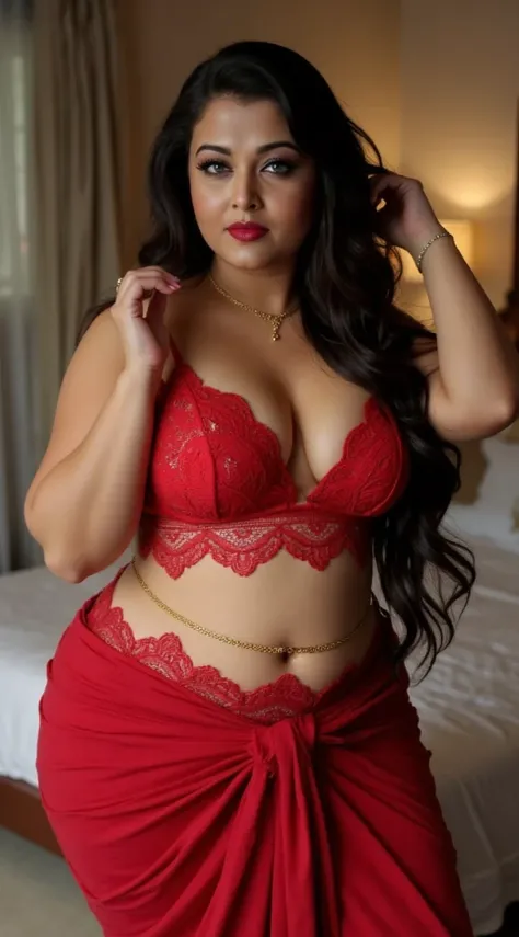 Busty woman, wearing red lace half blouse and redsaree, exposing curvy midriff and navel,thin gold navel chain,long black hair,combing her hair,black thick eyelashes and eyeliners,curvy and thick body, inside bedroom 