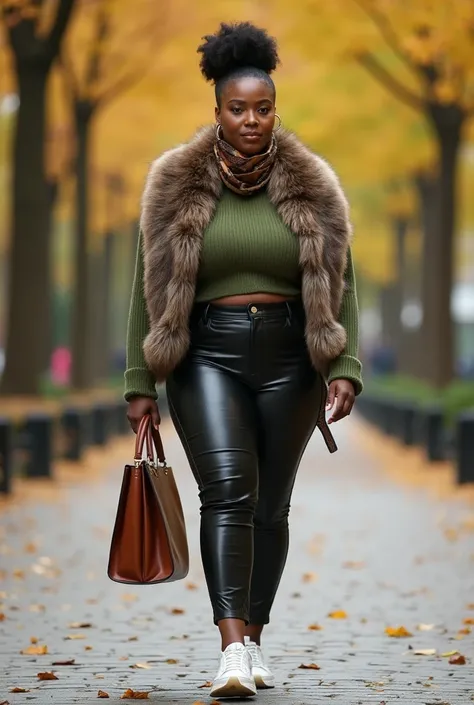 A curvaceous Black woman in a cropped turtleneck sweater in sage green, paired with high-waisted vinyl pants in jet black and chunky white sneakers. She layers a faux fur stole and carries a structured leather tote, her hair in a low bun with a silk scarf,...