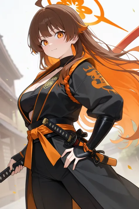 1 girl, Hair length reaches the back, Brown hair and orange on the edges of the hair, orange eyes, but not bright, wear a sexy samurai suit, หน้าอกไซส์ปานกลาง, have a orange halo