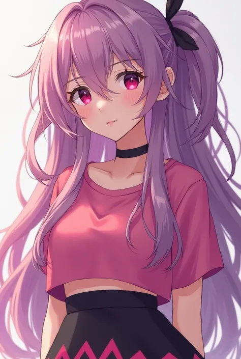 Beautiful girl with messy long hair, pink eyes color with magenta love pupil, soft pink mix with soft purple hair color, dark pink shirt, pink croptop, with pink zigzag black short skirt, looking at the kamera, hime-style bangs, small ponytail beside her h...