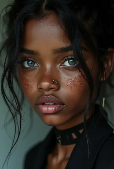 young black woman, missing right eyebrow and piercing in the left eyebrow, freckles on her face, pink lips, gray and green eyes, loose strands of hair on her face