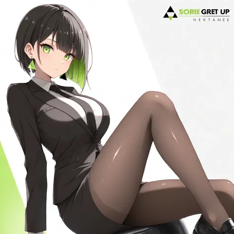 masterpiece, (((( best quality )))),1 girl, Japanese Anime ,character profilele,shiny skin, wearing a black suit,skirt suit, black tie , dark hair, short bob hair,The inner color of the hair is green, green eyes,isosceles triangle earrings, black tights,la...