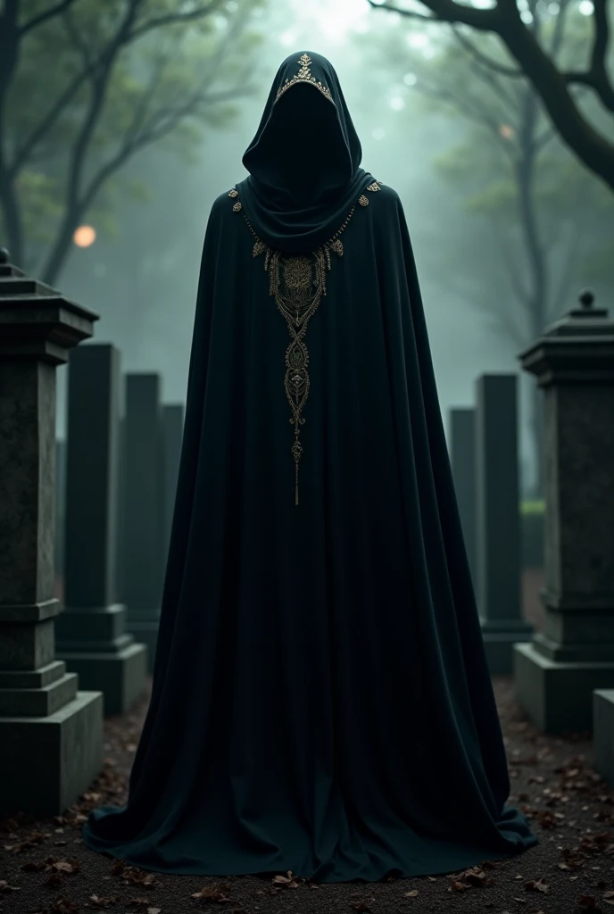 EXÚ DRESSED IN A BLACK TURTLENECK CAPE INSIDE THE CEMETERY 