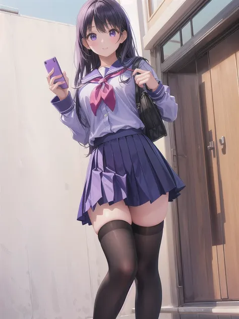 arafed asian woman in a purple shirt and black skirt posing for a picture, thighhighs and skirt, wearing skirt and high socks, cute schoolgirl, anime girl in real life, purple outfit, of a schoolgirl posing, full body! pretty face, a hyperrealistic schoolg...