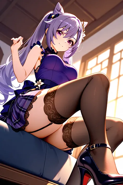 8k,masterpiece, best quality, ultra detailed, high resolution, super fine illustration,Keqing (Genshin impact), 1girl, solo, smile,purple eyes, purple hair, cone hair bun, double bun, braided bangs, long hair, medium breasts, casual style, sleeveless dress...