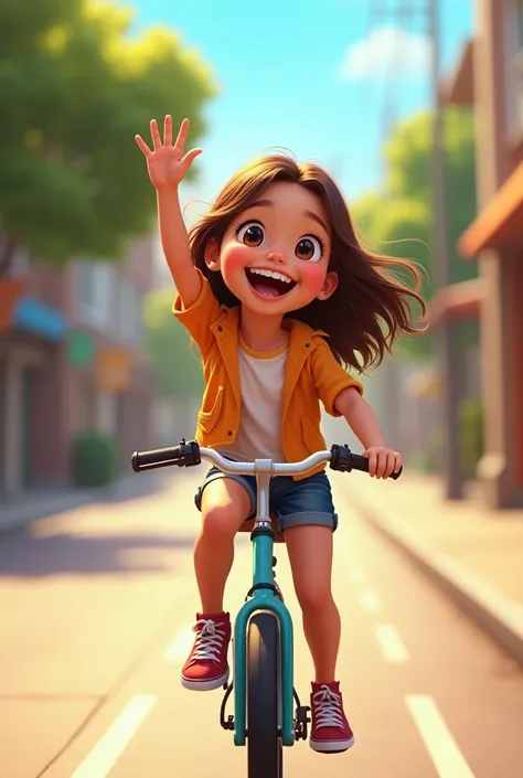 Girl on bicycle wearing sneakers. Waving her hand and saying hi excitedly 