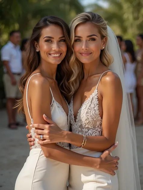 Pretty latin famous age gap sexy lesbian couple rings tanned romantic elegant wedding celebration with family selfie mirando a la cámara  

