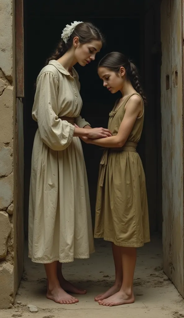 two barefoot european slave girls, mother and daughter, european, pale skin