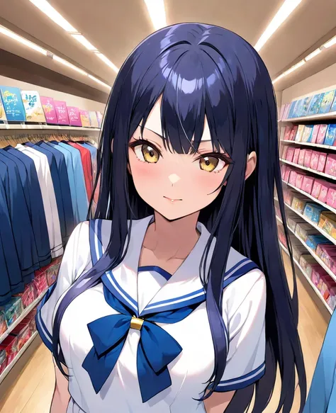  idol-like Japanese woman , long hair , straight hair, Round face , bust up ,  sailor suit from a lower level store ,  as shown in the picture ,   high school