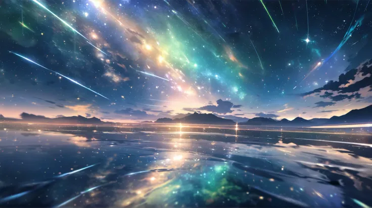  high resolution,  dreamy sight, Stars and galaxies ,  based on blue and green,  lots of shooting stars,  Sparkling, reflection, water surface