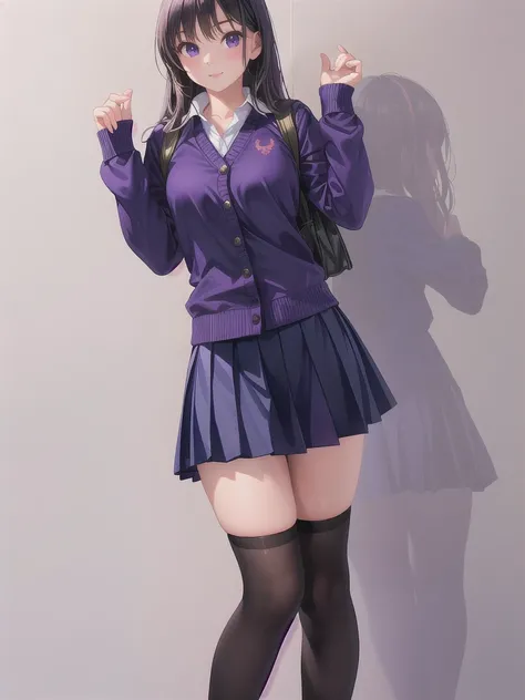 arafed asian woman in a purple shirt and black skirt posing for a picture, thighhighs and skirt, wearing skirt and high socks, cute schoolgirl, anime girl in real life, purple outfit, of a schoolgirl posing, full body! pretty face, a hyperrealistic schoolg...