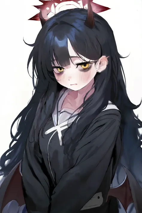 Anime(blue archive), halo(blue archive), black hair, azazel, 머리 풂, 머리 위에 헤일로(블루아카이브), bags under eyes, longhair, horn, devil wings, student