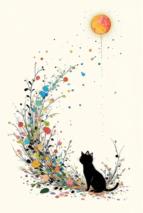  white background、 SIMPLE 、A ball of light dances 、 Flowers Dance  、Crumbling Petals  、Moon Rainbow、((Cat dances:1.4))、  Rain of Petals Pours  、Moebiusの絵画からインスパイアされたイラストレーション、、an ink drawing inspired by jean Moebius giraud, Tumbler,    bolticism   , ( Moeb...