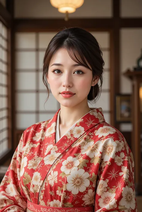 best quality, masterpiece, super high resolution, beautiful Japanese mature woman, Kind Face, green eyes, kind smile, Curvy Body, big boobs, updo brown hair, Japanese female Cloth Outfit, Japanese kimono, In Old Japanese-style Room, night:1.2,