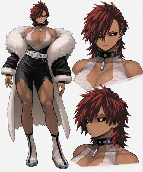 Female, short hair, red hair, spiky hair, upturned hair, short hair, slicked back hair, combed back, bare forehead, slicked back hair, slicked back hair, yellow eyes, slightly tanned skin, flat coloring, 2D coloring, muscular body, bright pupils, black scl...