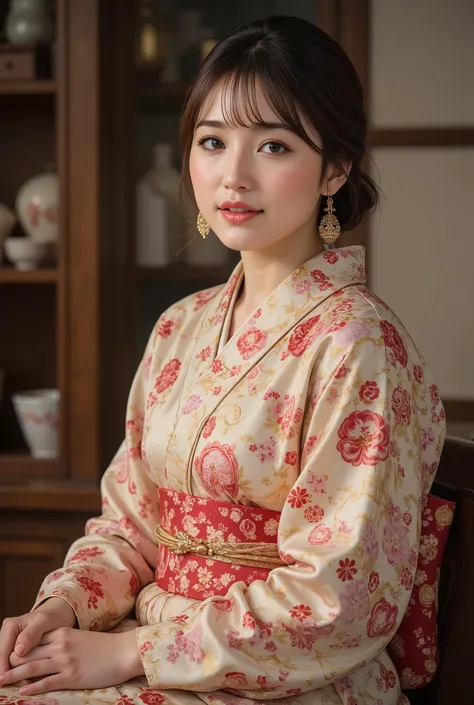 best quality, masterpiece, super high resolution, beautiful Japanese mature woman, Kind Face, green eyes, kind smile, Curvy Body, big boobs, updo brown hair, Japanese female Cloth Outfit, Japanese kimono, In Old Japanese-style Room, night:1.2,