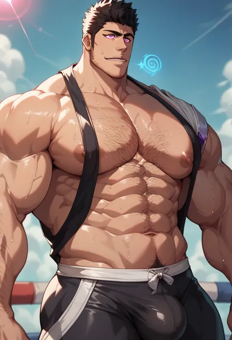 Isshin Kurosaki, wrestling singlet, shirtless, muscular, muscles, broad shoulders, massive pecs, sweaty, hairy chest, large bulge, glowing spiral in the eyes, blank expression, vacant stare, hypnotized, brainwashed, focused, High Resolution