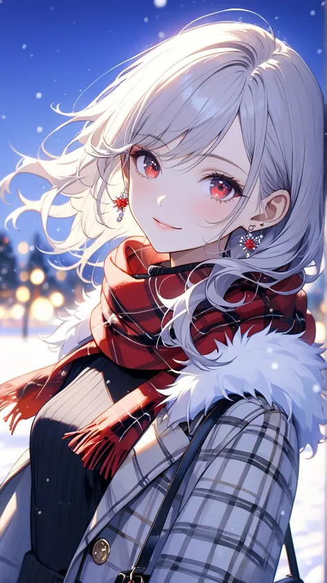 masterpiece, best quality, ultra detailed, 1girl, portrait, platinum medium wavy hair, red eyes, swept bangs, half smile, black knit sweater, beige long fur coat, (red checked long scarf), black gloves, hand bag, small breasts, simple earrings, background ...