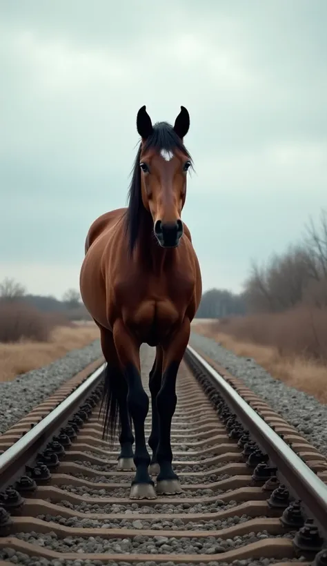 Under a cloudy sky, a strong, shiny brown horse stood motionless in the middle of the old train tracks. His breaths quickened in the cold air as his ears flicked, attentive to every sound around him. The iron rails stretched endlessly toward the horizon, l...