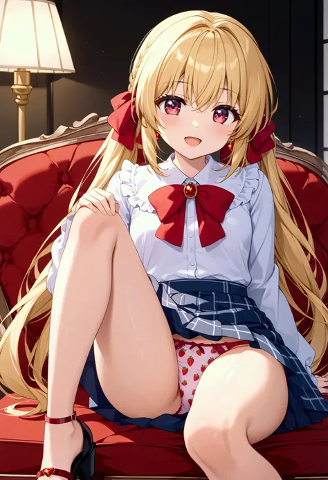  1 girl、cute anime style 、 beautifully detailed eyes 、 Beautifully Detailed Lips 、 very detailed face、 long eyelashes、Cute outfits、 raise the skirt with both hands (1.5)、Slender legs and thighs  (1.4)、 red ribbon、 I can see a glimpse of strawberry panties ...