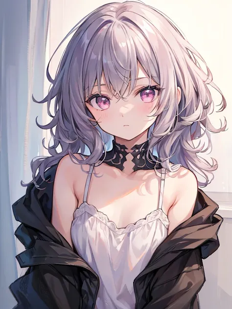 ( better quality,4k,highres, masterpiece:1.2),rests, silver eyes , messy hair,  curly hair, bare shoulders,  small chest, hoodie,Half,ultra-detallada,realistic:1.37,retrato, soft colors, warm lighting ,aged appearance, gray color palette, pink eyes skin, V...