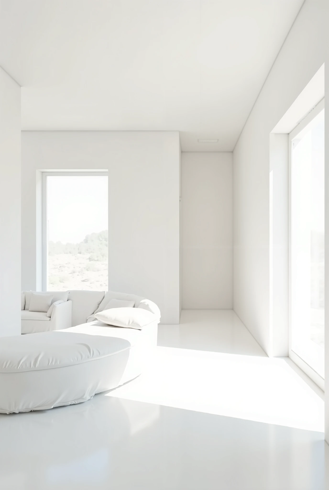 I want a picture of an open house whose walls are made of plaster in a minimalist and white style 