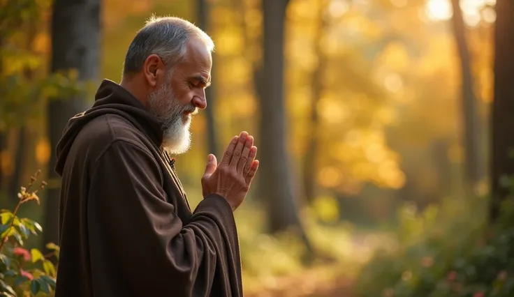 Franciscan monk praying in beautiful nature