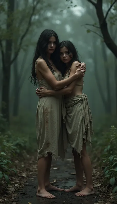 two barefoot european slave girls, mother and daughter, european, pale skin, anorexic, in forest